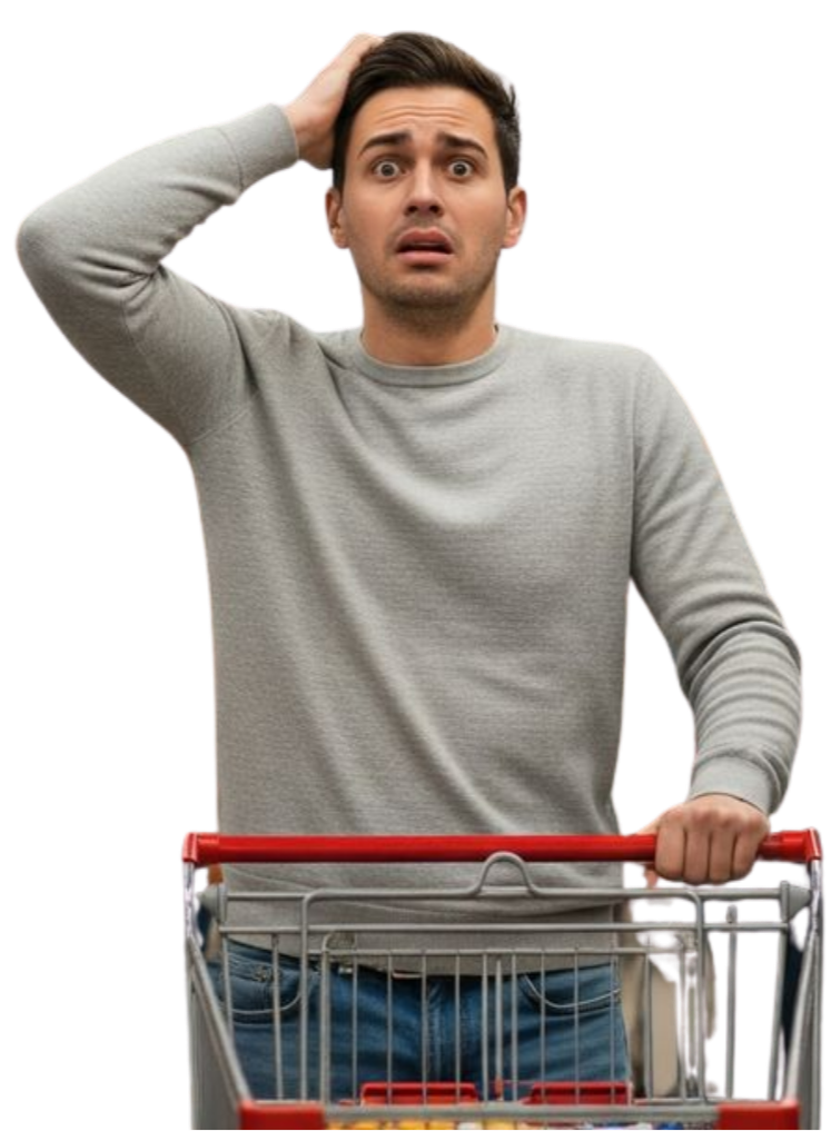 A confused shopper behind a shopping cart — the CPG decision moment.